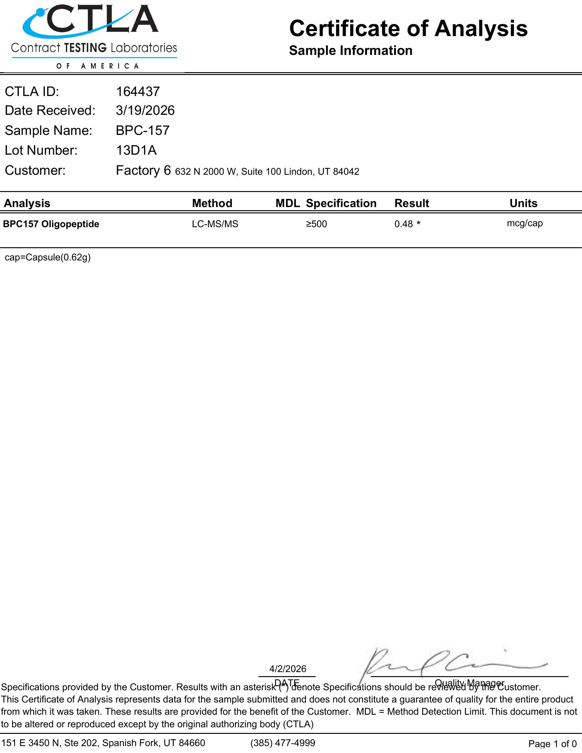 BPC-157 · 5 mg — certificate page 1