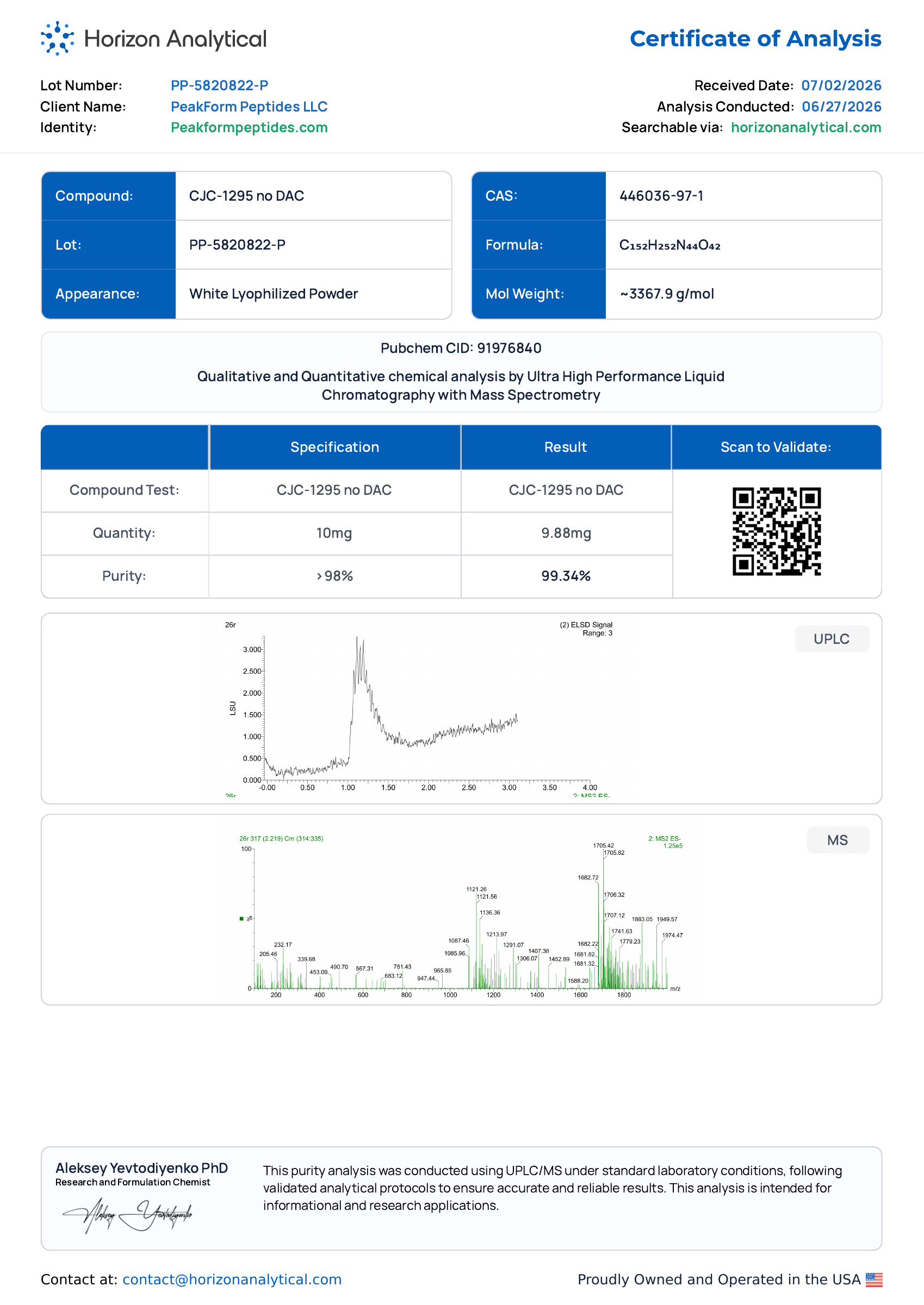 CJC-1295 No DAC · 10 mg — certificate page 1