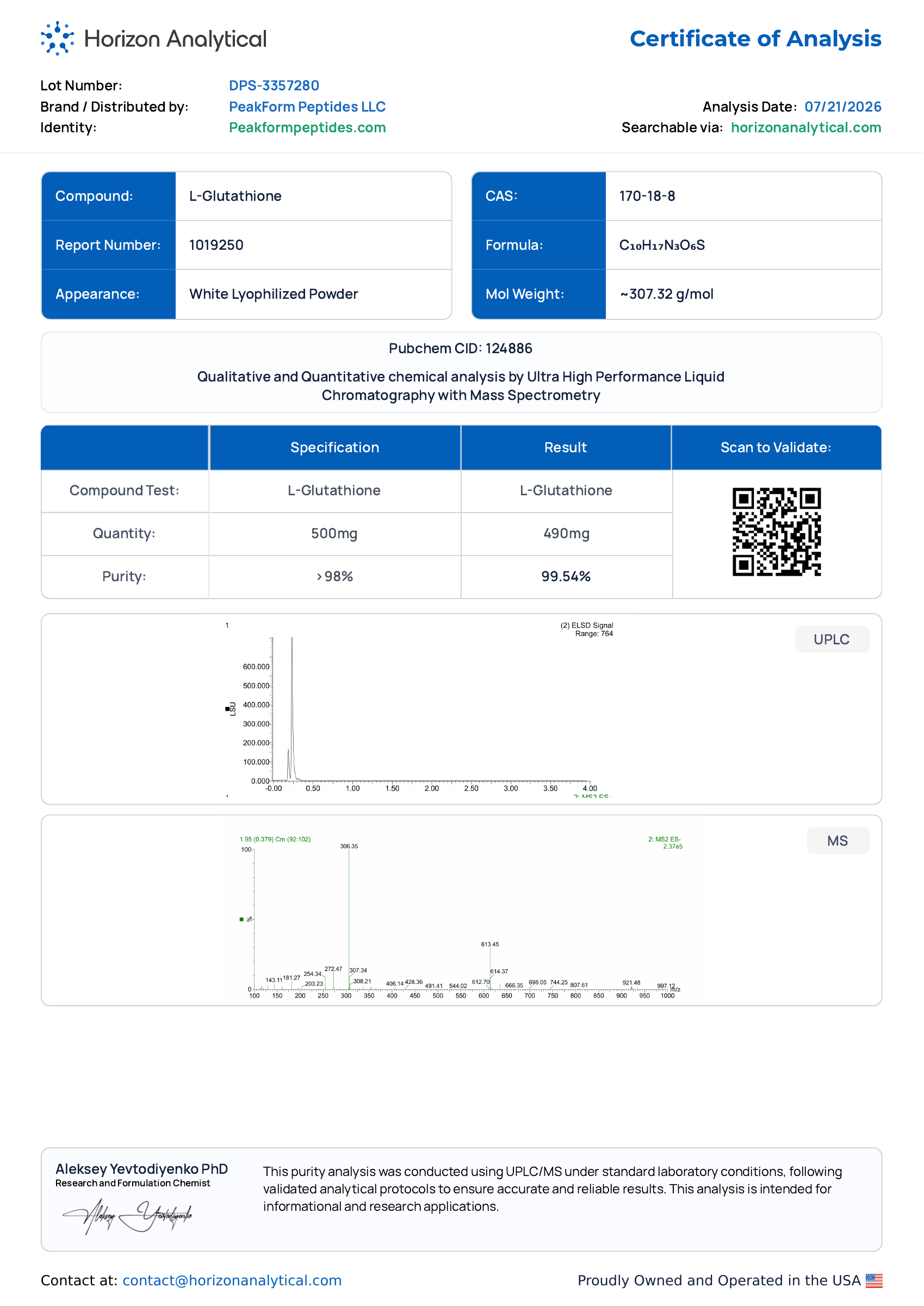 Glutathione · 500 mg — certificate page 1