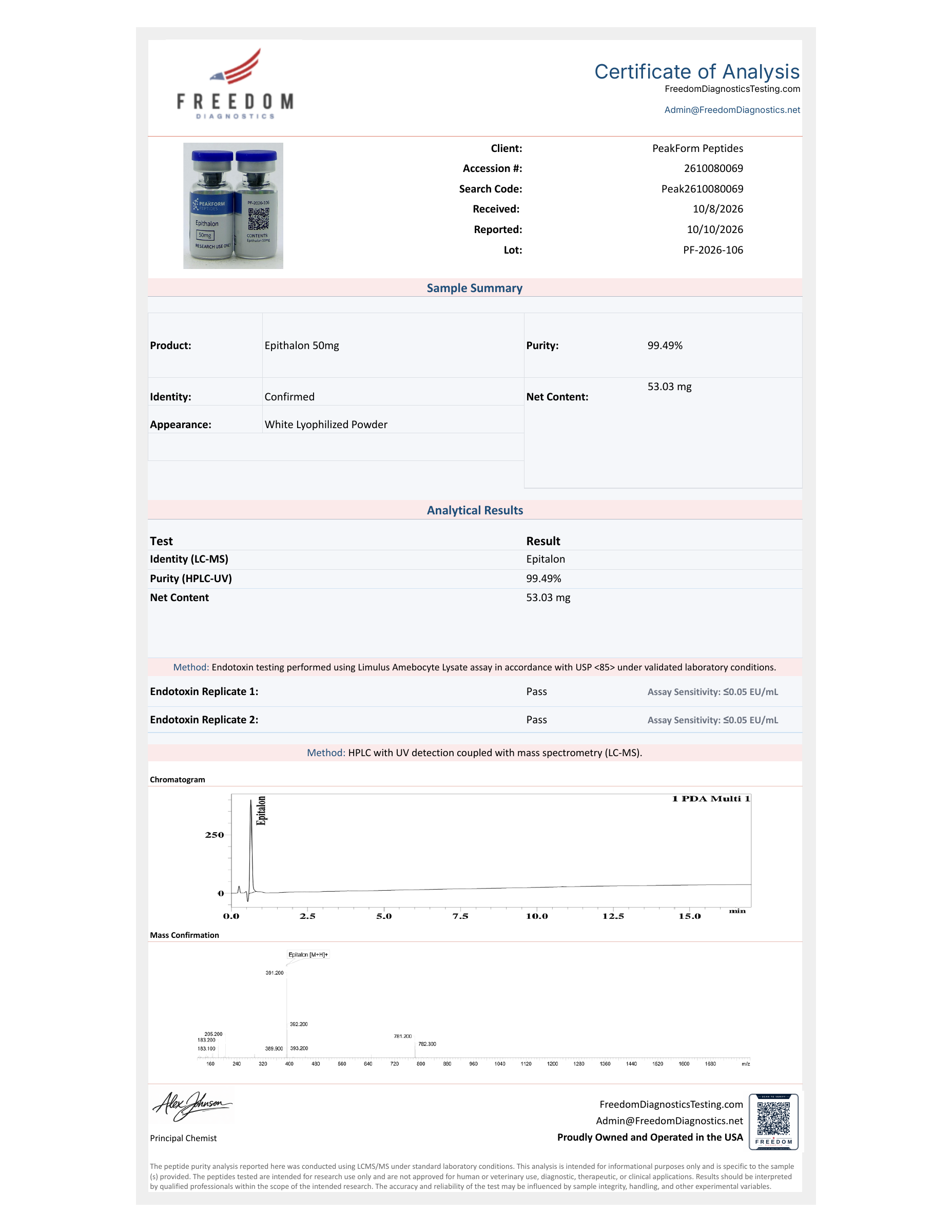 Epithalon · 50 mg — certificate page 1