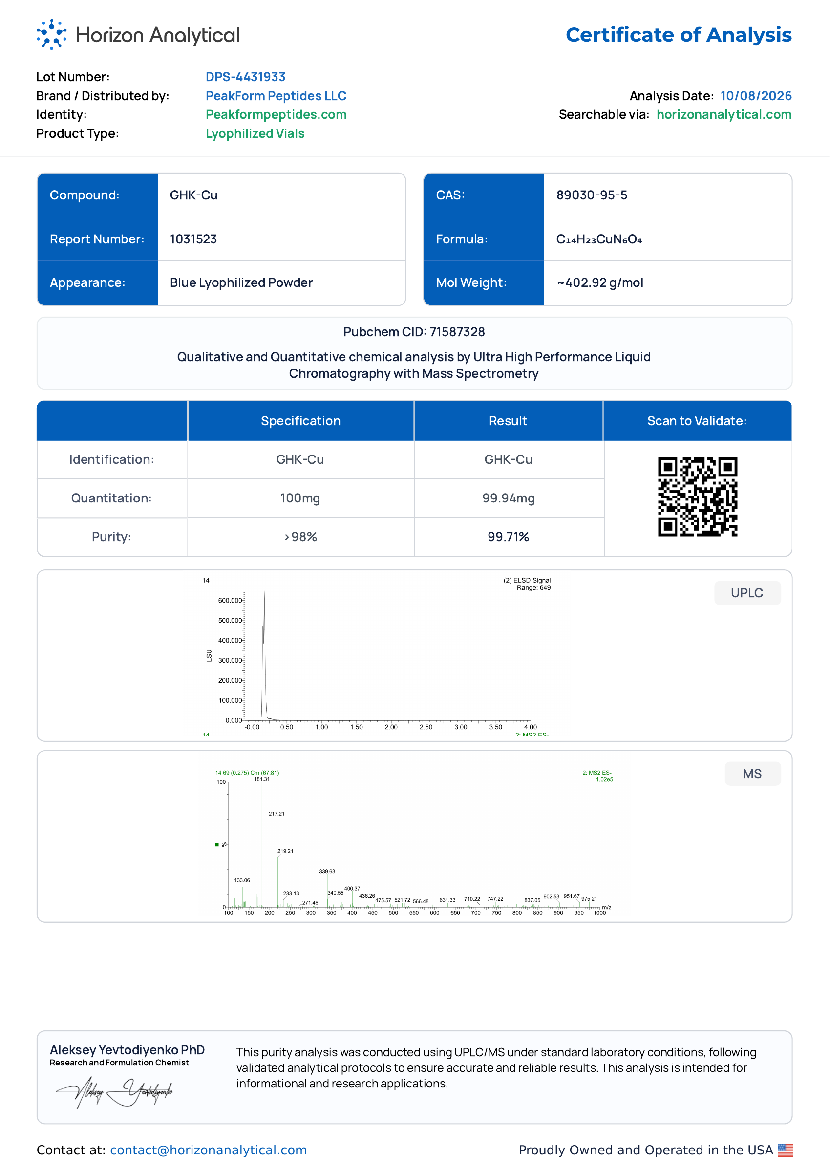 GHK-Cu · 100 mg — certificate page 1