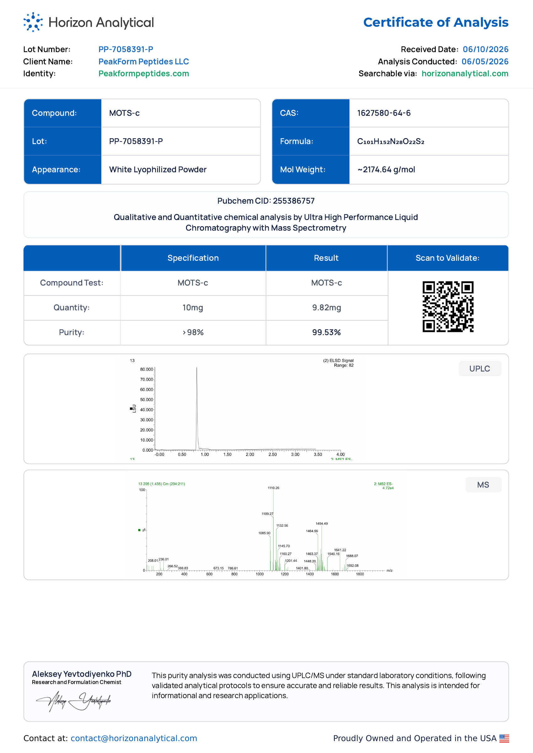 MOTS-c · 10 mg — certificate page 1