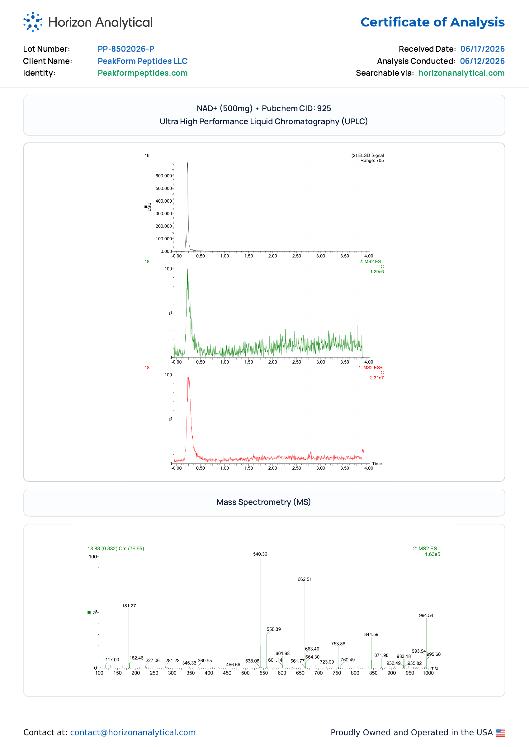 NAD+ · 500 mg — certificate page 2