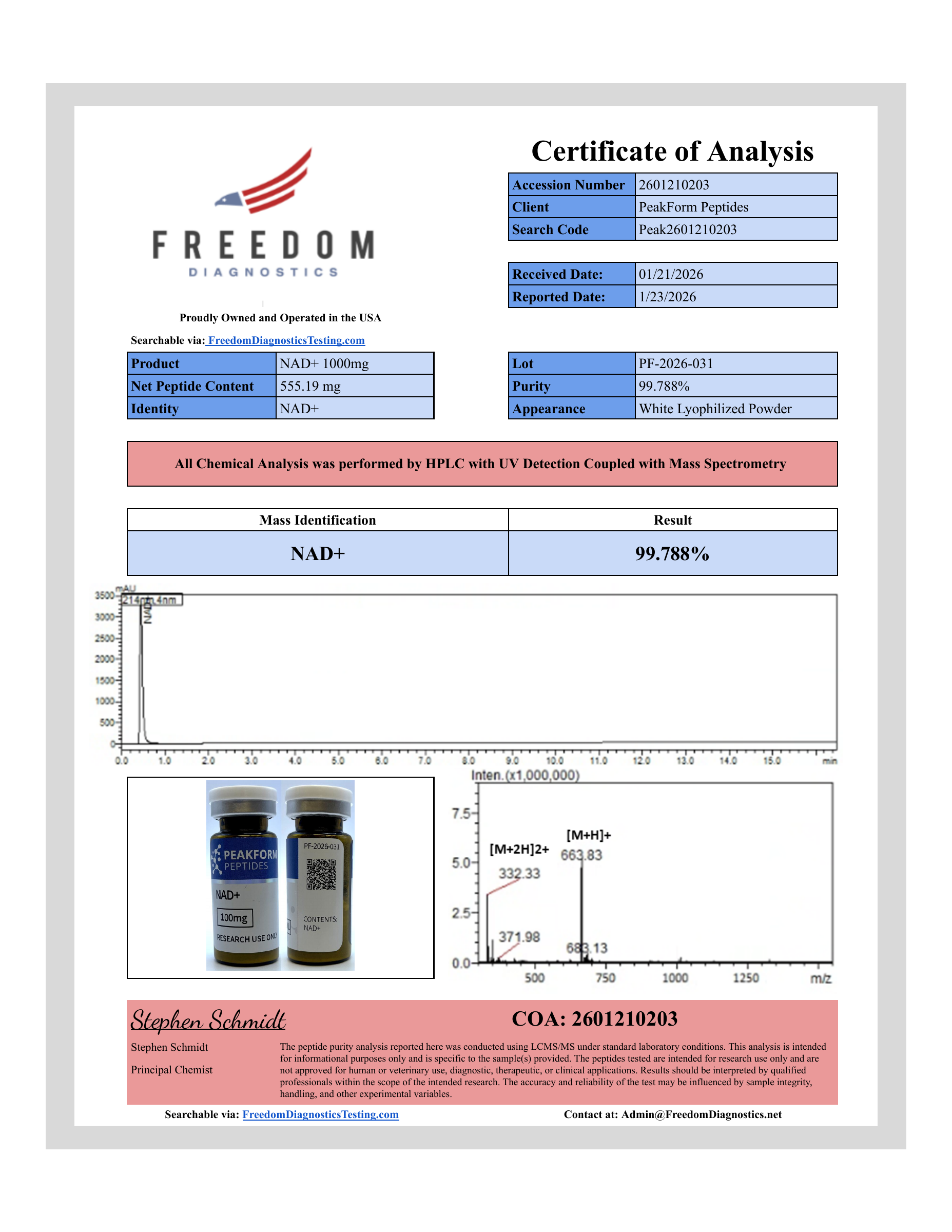 NAD+ · 1000 mg — certificate page 1