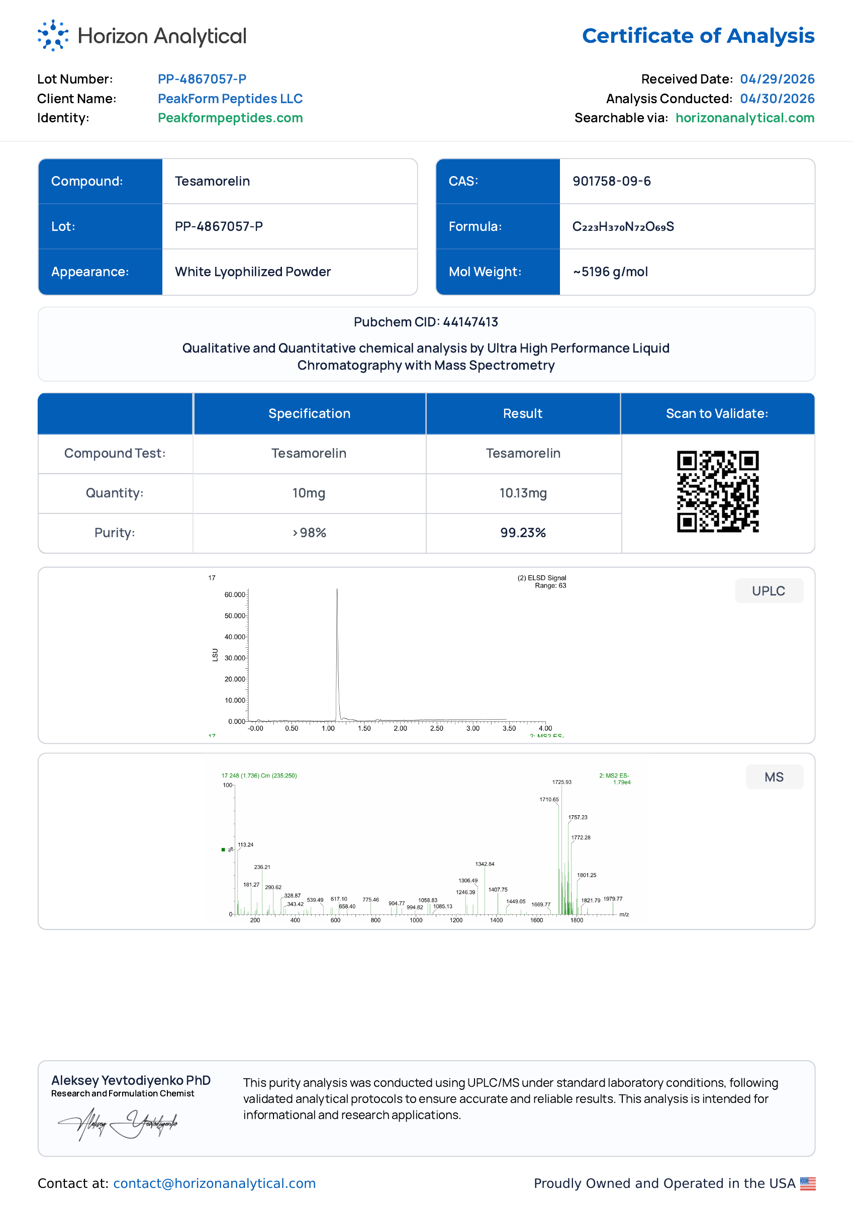 Tesamorelin · 10 mg — certificate page 1