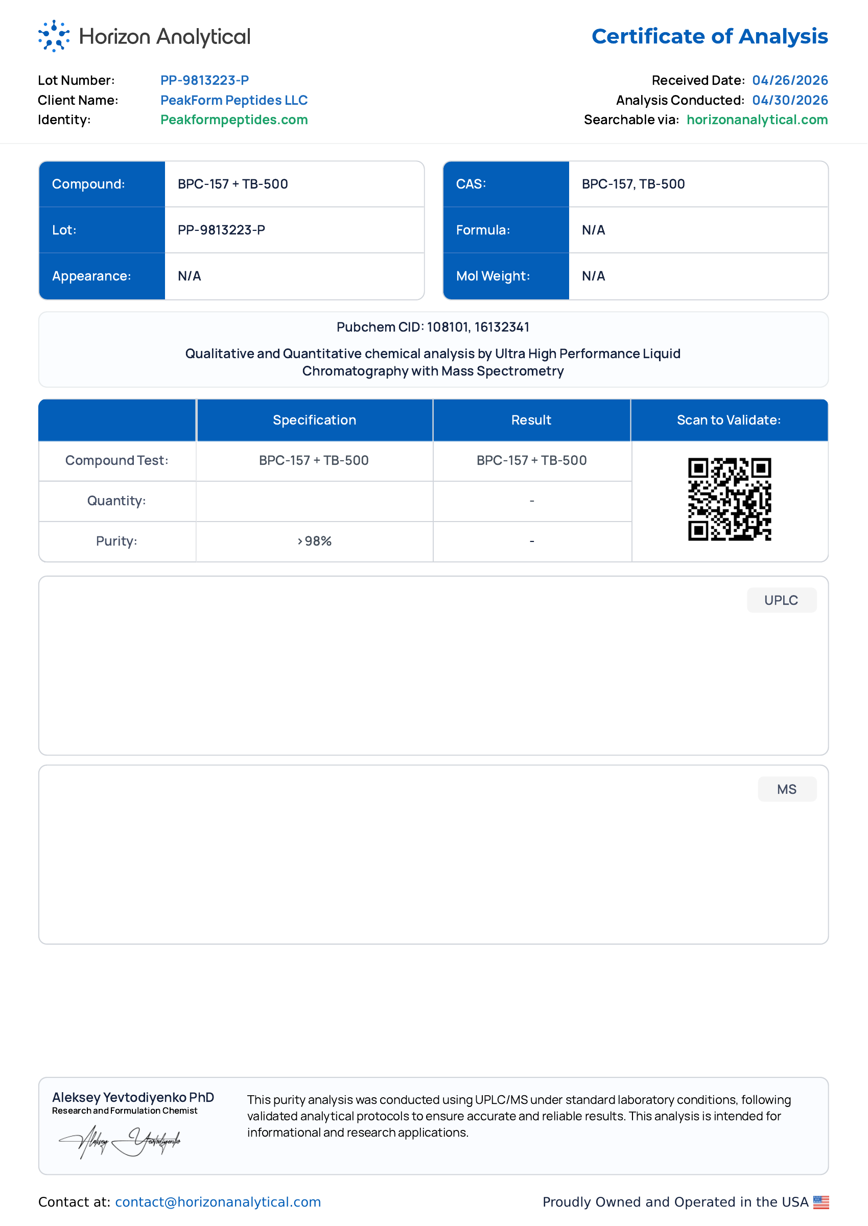 BPC-157 + TB-500 · 5 mg / 5 mg — certificate page 1