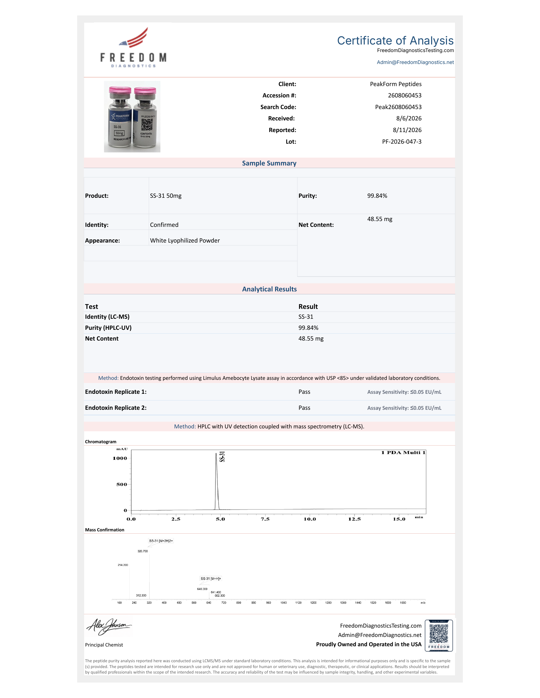 SS-31 · 50 mg — certificate page 1