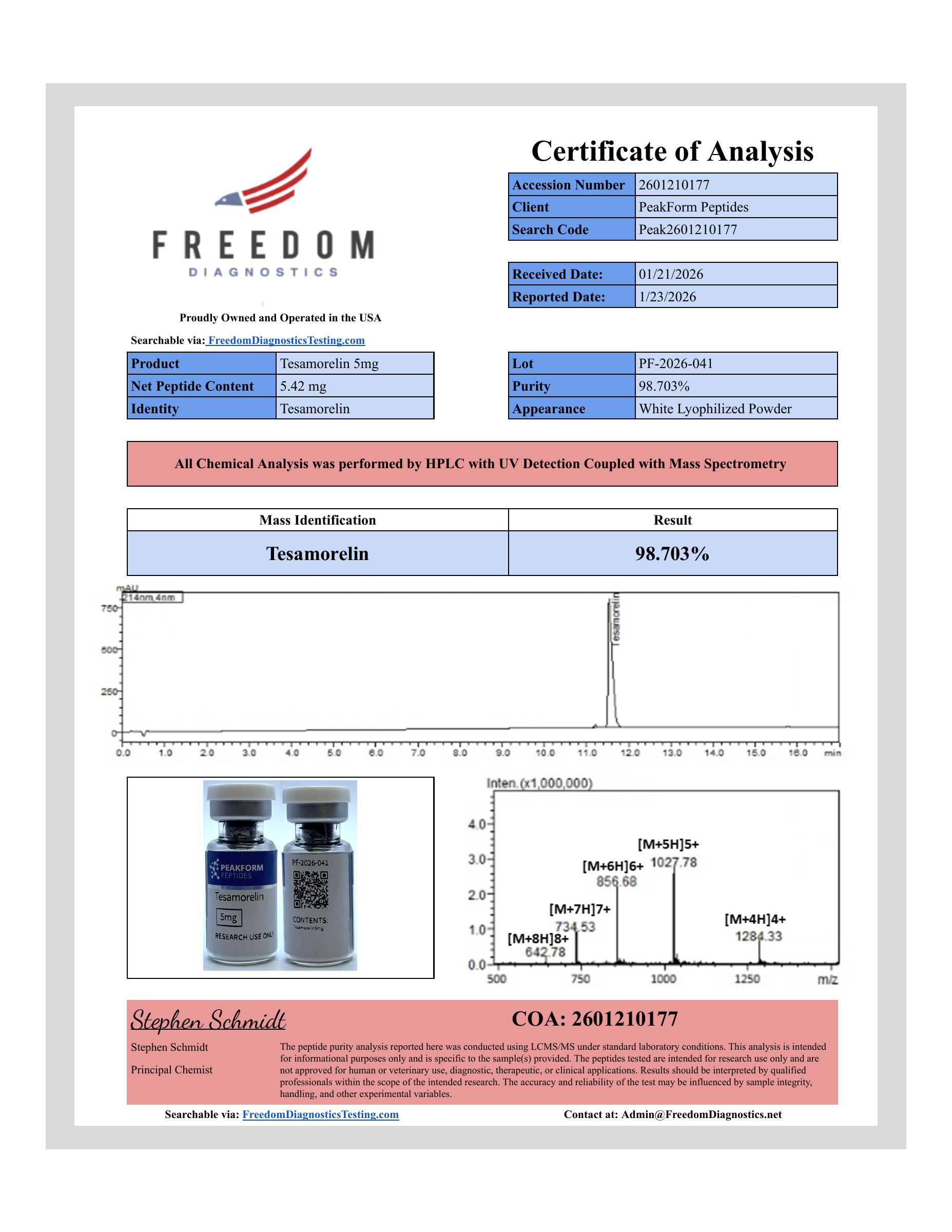 Tesamorelin · 5 mg — certificate page 1